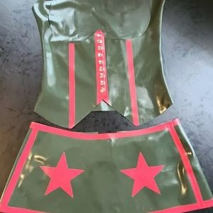 Army Green Red Military Star Fetish Cosplay Rubber Latex Vest Skirt Thong Set Sm